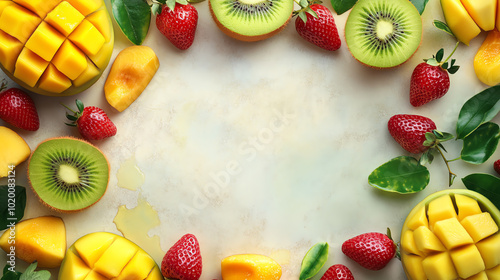 Fresh fruits including mangoes, strawberries, and kiwi, beautifully arranged on a light background, perfect for healthy eating themes.