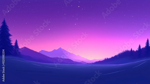 Mountain landscape at twilight with stars and purple sky