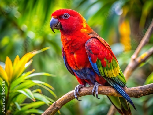 Vibrant Pesquet's Parrot Perched on a Branch, Showcasing Colorful Feathers in Natural Habitat photo