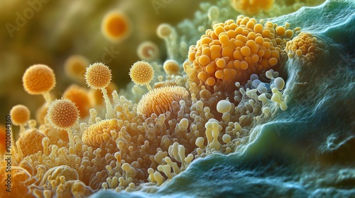 A microscopic civilization living on the surface of a pollen grain, seen through a highpowered microscope photo