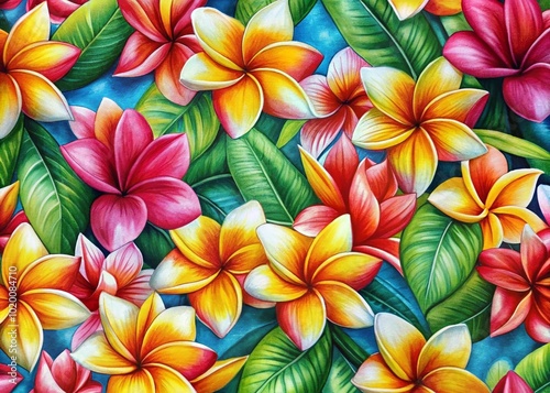 Vibrant Plumeria Fabric Pattern for Textiles, Fashion, Home Decor, and Craft Projects Backgrounds