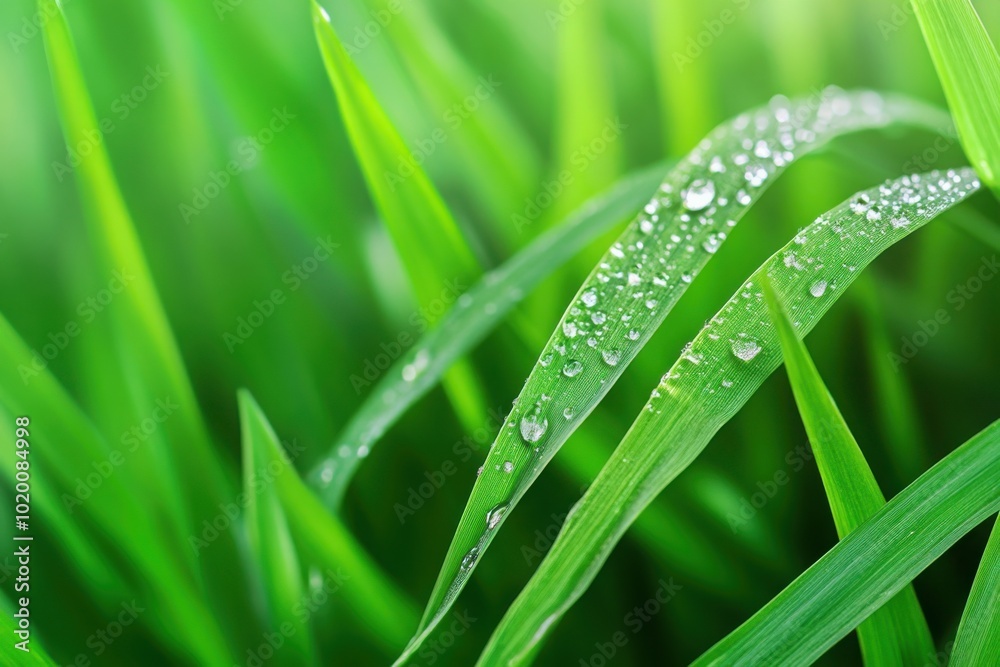 Close-up of fresh green grass blades adorned with water droplets, showcasing a vibrant natural scene. Close-up of fresh green grass blades adorned with water droplets, showcasing a vibrant natural scene.