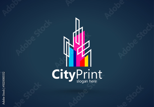 Logo City Print СMYK color Printing theme. Silhouette Buildings lines style. Template design vector. Black background.