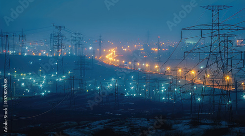 Night view of the main city, around them electricity, solar energy and wind turbines.