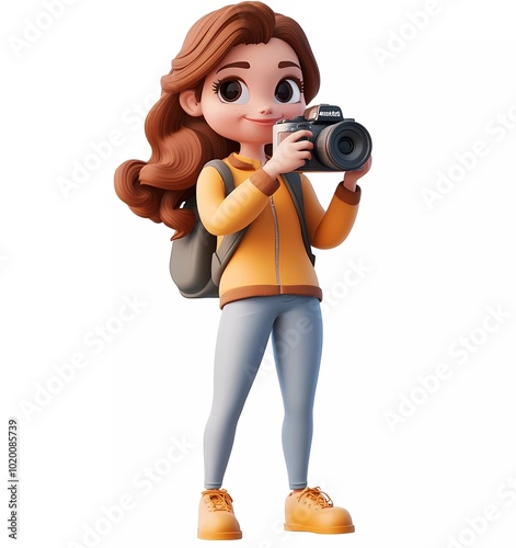 3D rendering of a girl taking a photograph, isolated on a white background, in a cartoon style