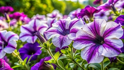 Vibrant Purple and White Petunias Blooming in a Garden Setting with Green Foliage Background