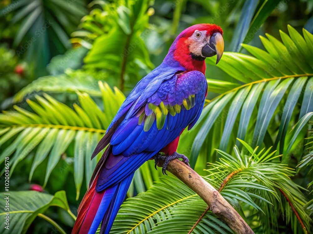 Vibrant Purple Macaw Perched on Branch Surrounded by Lush Green Foliage in Tropical Environment Vibrant Purple Macaw Perched on Branch Surrounded by Lush Green Foliage in Tropical Environment