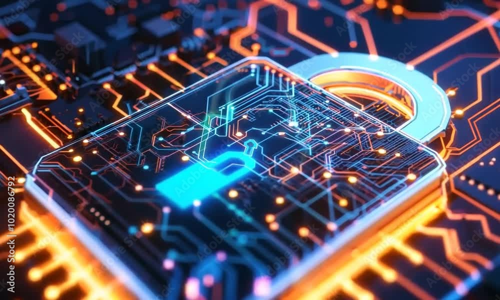 Visualize digital security with a glowing padlock integrated into a circuit board, perfect for a sleek and abstract cybersecurity wallpaper Visualize digital security with a glowing padlock integrated into a circuit board, perfect for a sleek and abstract cybersecurity wallpaper