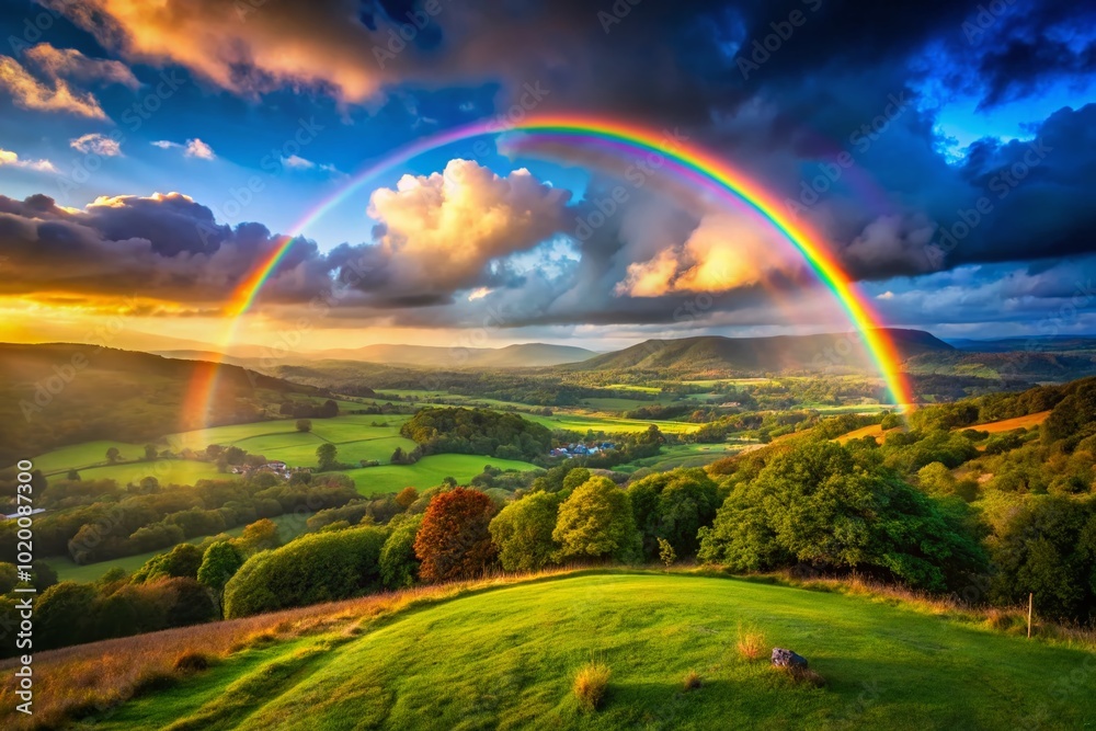 Vibrant Rainbow Arching Over a Scenic Landscape with a Glimmering Pot of Gold at Its End Vibrant Rainbow Arching Over a Scenic Landscape with a Glimmering Pot of Gold at Its End