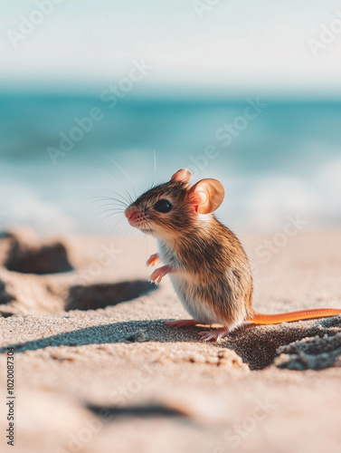 Cute field mouse playing on the beach