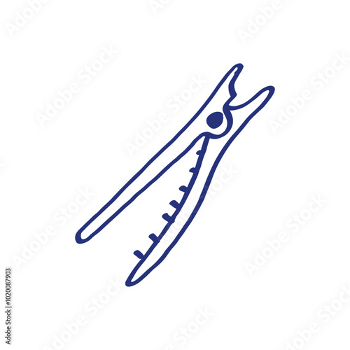 Hairclip. Hairdressing equipment. Professional hair dresser tool. Hand drawn sketch. Blue pen or marker drawing. Primitive kids picture. Vector illustration. Barber symbol