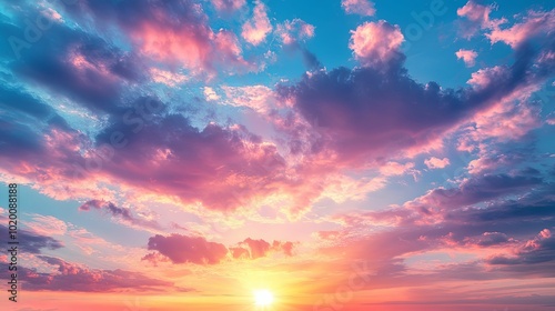 Pink and Blue Sunset Sky with Clouds and Sun