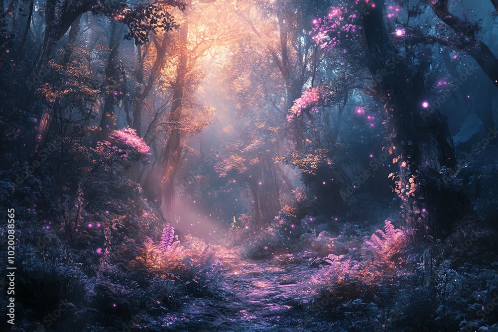 A mystical forest with glowing plants and trees, where an ethereal light bathes the landscape in magical hues A mystical forest with glowing plants and trees, where an ethereal light bathes the landscape in magical hues