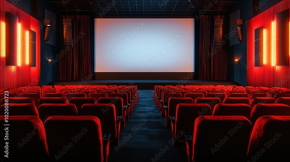 Fototapeta premium Row of seats and wide format mock up blank screen with stage, Cinema stage screen mockup