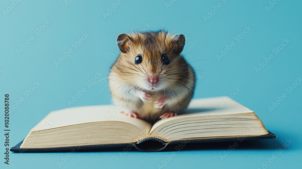 A cute hamster sits on an open book on a blue background A cute hamster sits on an open book on a blue background