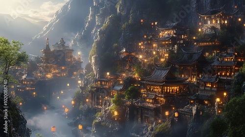 A mystical mountain village where immortals and mortals live together, surrounded by floating lanterns