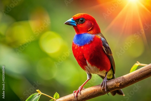 Vibrant Red Beaked Bird Perched on a Branch Against a Soft Natural Background in a Sunny Environment