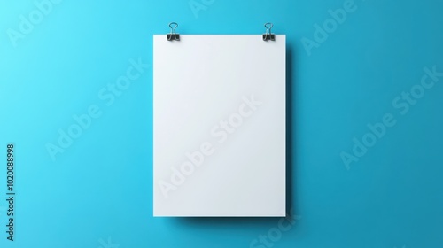 Blank poster mockup with paper clips hanging against a vibrant blue background in a minimalistic style showcasing high-resolution details designed for creative presentations