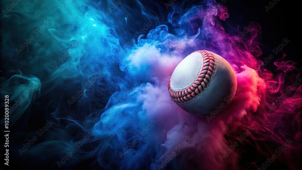 Baseball ball with colored steam on black background