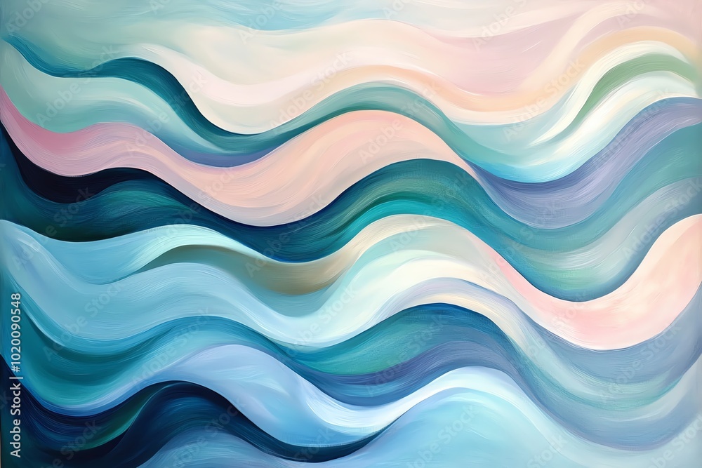 A peaceful abstract painting of soft, flowing waves in a soothing palette of blue, green, and pink A peaceful abstract painting of soft, flowing waves in a soothing palette of blue, green, and pink