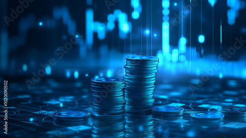 Glowing blue money coins with business diagram graph chart background. AI generated image