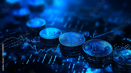 Glowing blue money coins with business diagram graph chart background. AI generated image