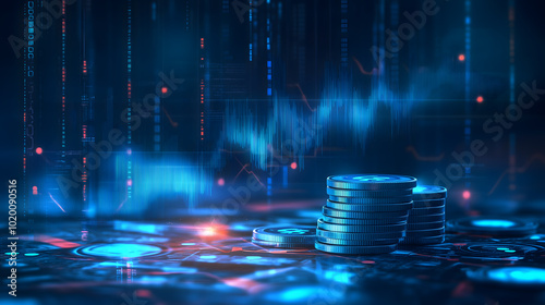 Glowing blue money coins with business diagram graph chart background. AI generated image