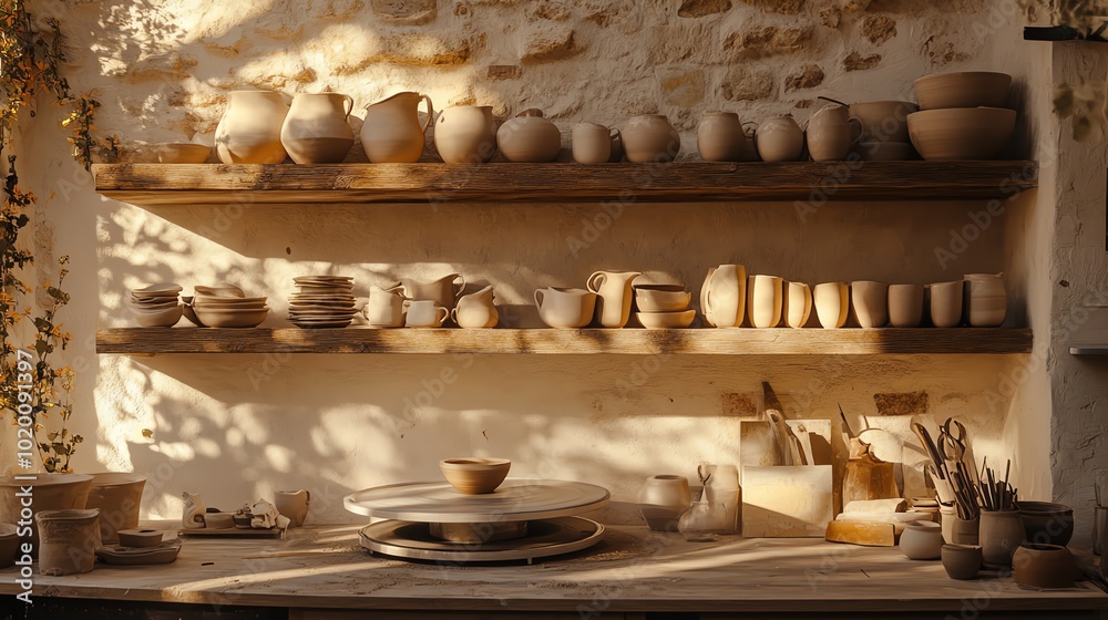A peaceful pottery studio with a potter s wheel, clay, and finished pieces drying on a shelf, lit by soft afternoon light A peaceful pottery studio with a potter s wheel, clay, and finished pieces drying on a shelf, lit by soft afternoon light