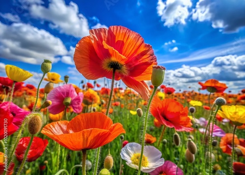 Vibrant Shirley Poppy Blooms in a Field Under Bright Blue Sky Capturing Nature's Beauty and Serenity