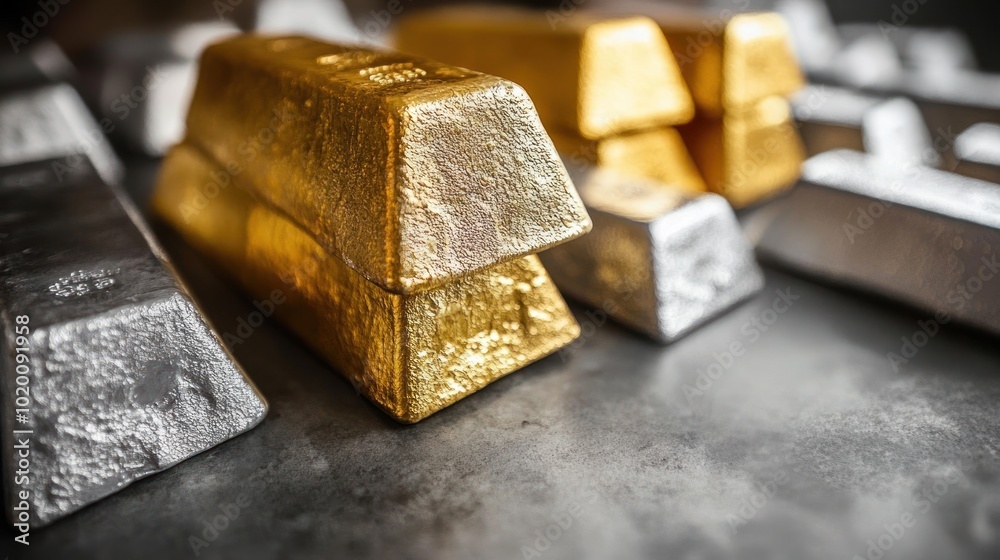 Gold and silver bars are arranged on a table, representing an investment in precious metals for the purpose of storing value and providing security.