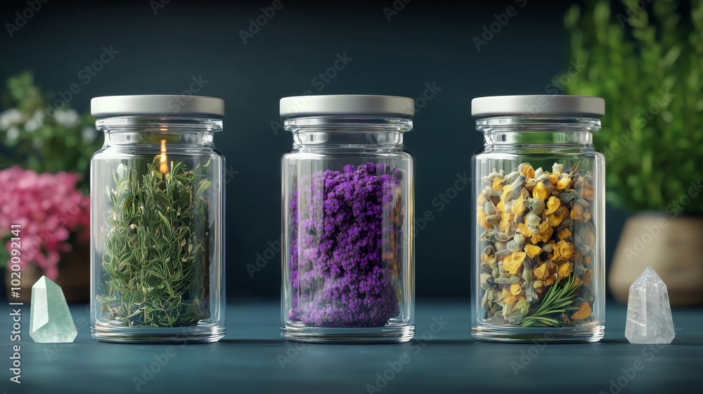 Dried Herbs in Glass Jars with Crystals on a Dark Background Dried Herbs in Glass Jars with Crystals on a Dark Background