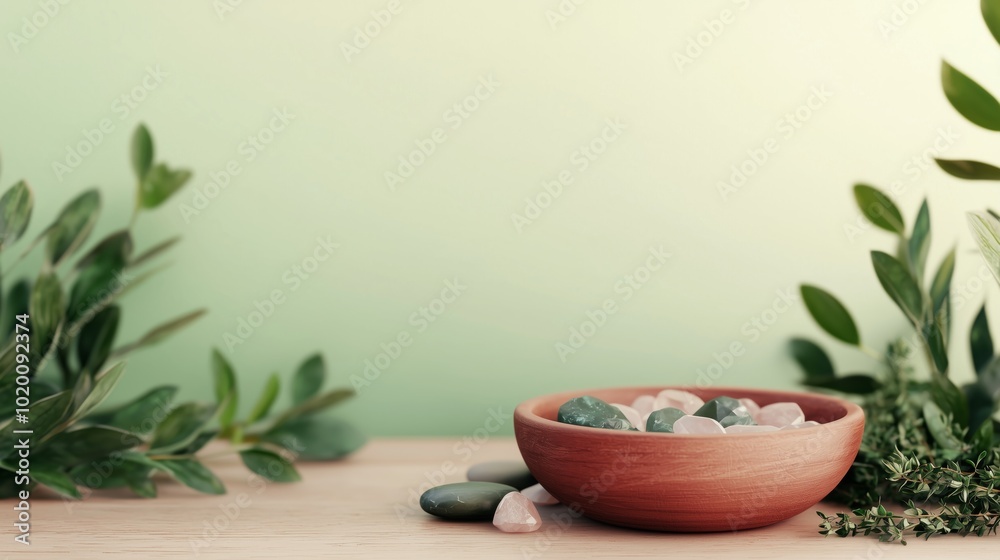 Green and Rose Quartz Crystals in Wooden Bowl with Greenery Green and Rose Quartz Crystals in Wooden Bowl with Greenery