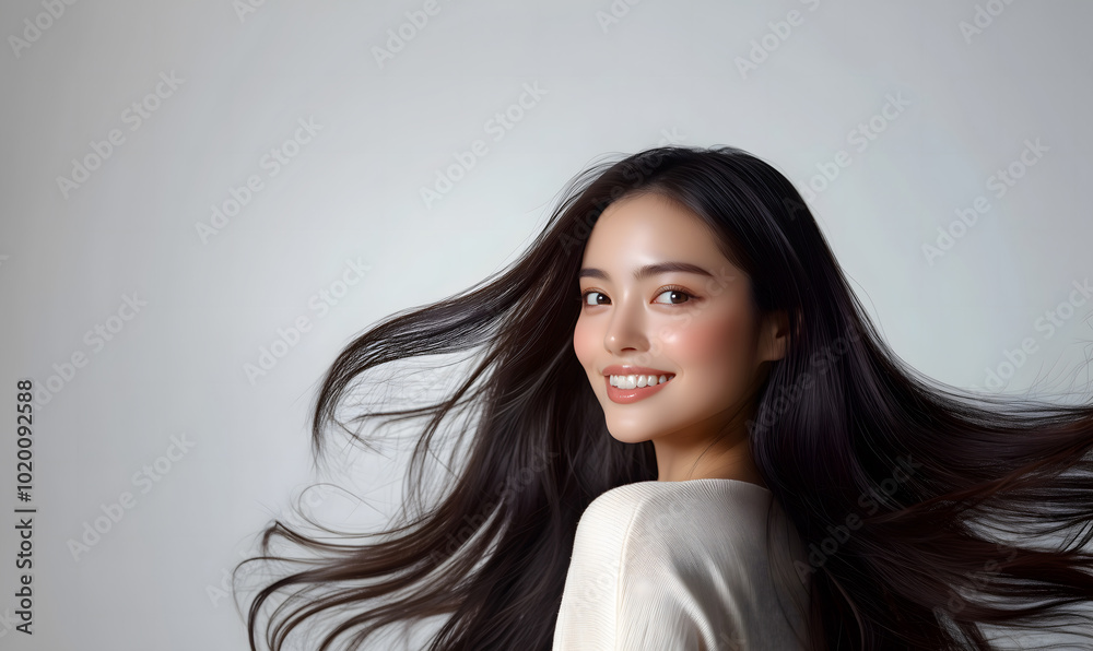 Portrait of a smiling woman with long, beautiful hair and elegant makeup in a studio. Suitable for advertising hair, beauty, skincare, spa. Generative ai