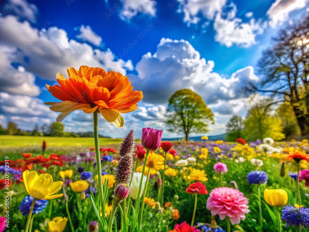 Vibrant Spring Background with Colorful Flowers Blooming in a Lush Green Landscape Under Blue Sky Vibrant Spring Background with Colorful Flowers Blooming in a Lush Green Landscape Under Blue Sky