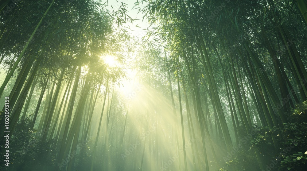 Obraz premium Sunbeams Filtering Through a Dense Bamboo Forest