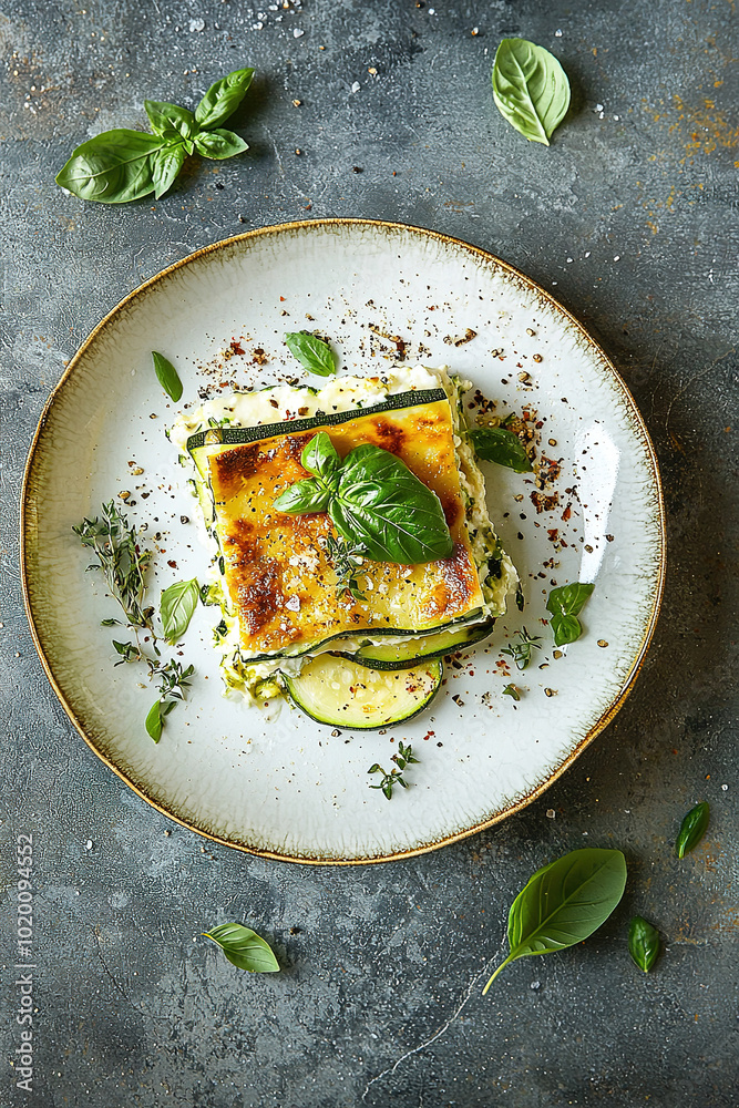 commercial photography: a zucchini lasagne, eclectic style, lots of copy space commercial photography: a zucchini lasagne, eclectic style, lots of copy space
