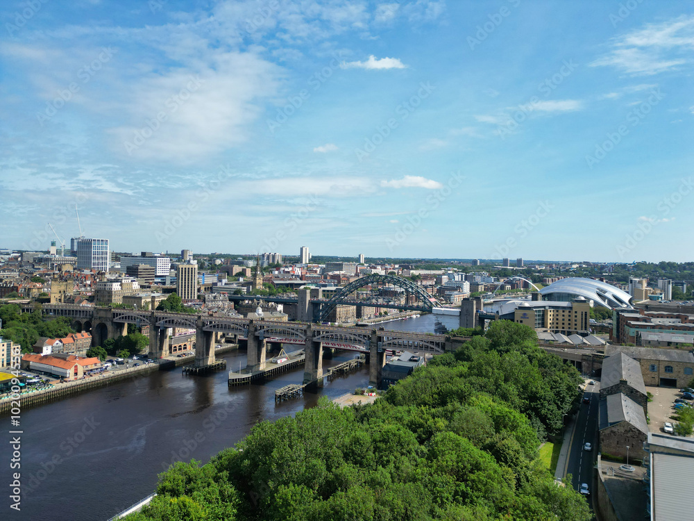 Fototapeta premium Aerial View of Central Newcastle City from River Tyne at Northern England United Kingdom. July 19th, 2024, Drone's Camera Footage.