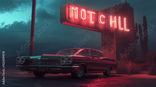 A vintage car parked under an old neon motel sign, with a soft glow from the lights creating a sense of mystery