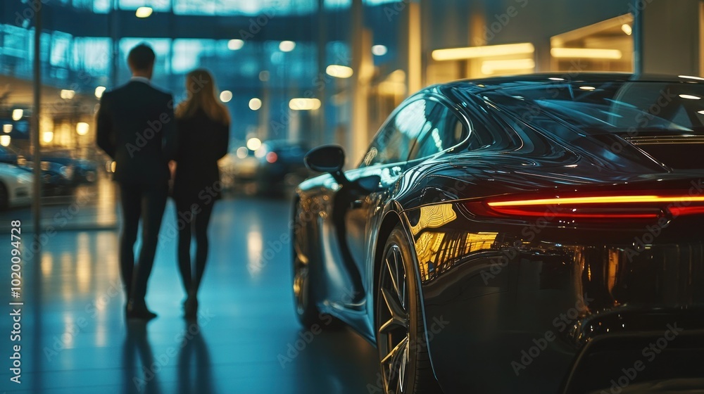 A customer walks through a new car showroom, while a dealer explains the details of the car in detail. A customer walks through a new car showroom, while a dealer explains the details of the car in detail.