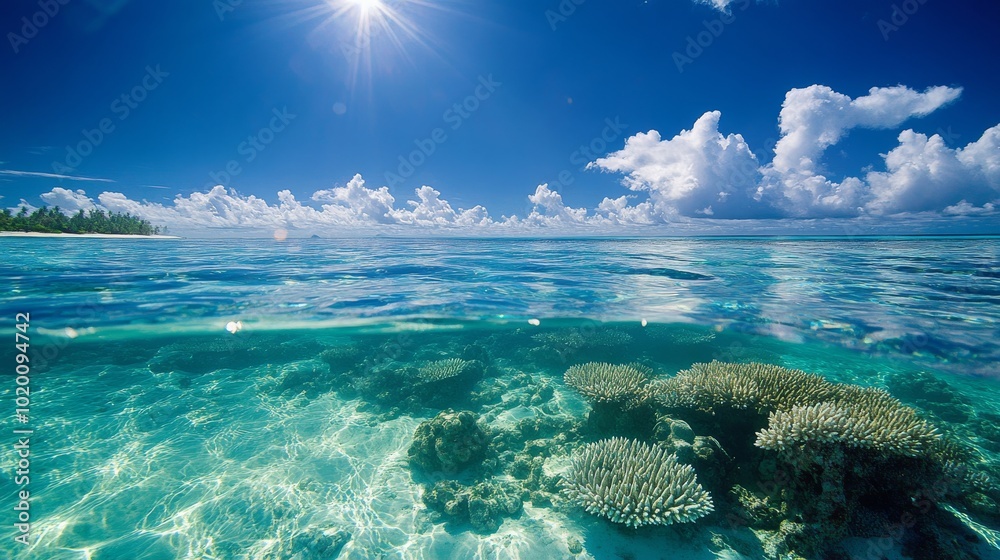 Fototapeta premium Tropical Seascape with Sunlit Ocean Surface and Underwater Coral Reef