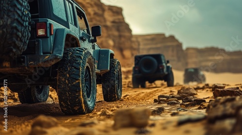 Black off-road vehicles drive through the desert, with large tires and durable suspension, making them confident to drive through rough terrain.