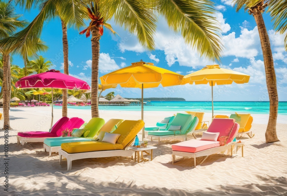 vibrant tropical beach scene featuring colorful lounge chairs refreshing cocktails under sunlit skies gentle waves, ocean, palm, trees, sunshine, sand, water vibrant tropical beach scene featuring colorful lounge chairs refreshing cocktails under sunlit skies gentle waves, ocean, palm, trees, sunshine, sand, water