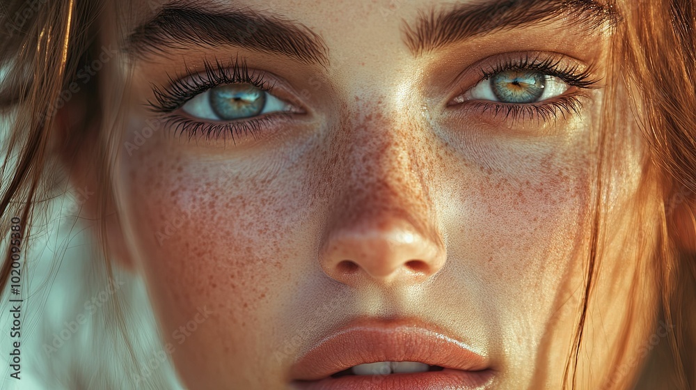 Fototapeta premium Close-up Portrait of a Woman with Freckles and Blue Eyes