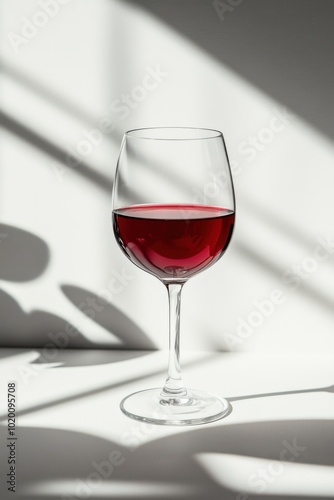 Glass of red vine on neutral background with direct sunlight and long shadows