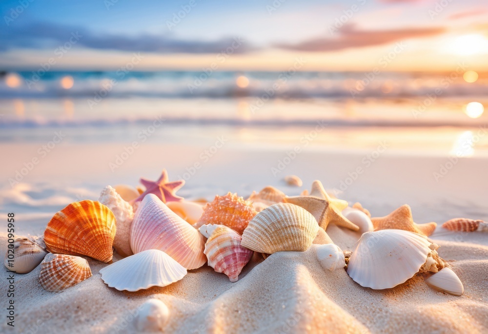 colorful seashells arranged artistically beautiful white sand along shoreline enhancing coastal serenity, beach, coastline, marine, ocean, wave, texture