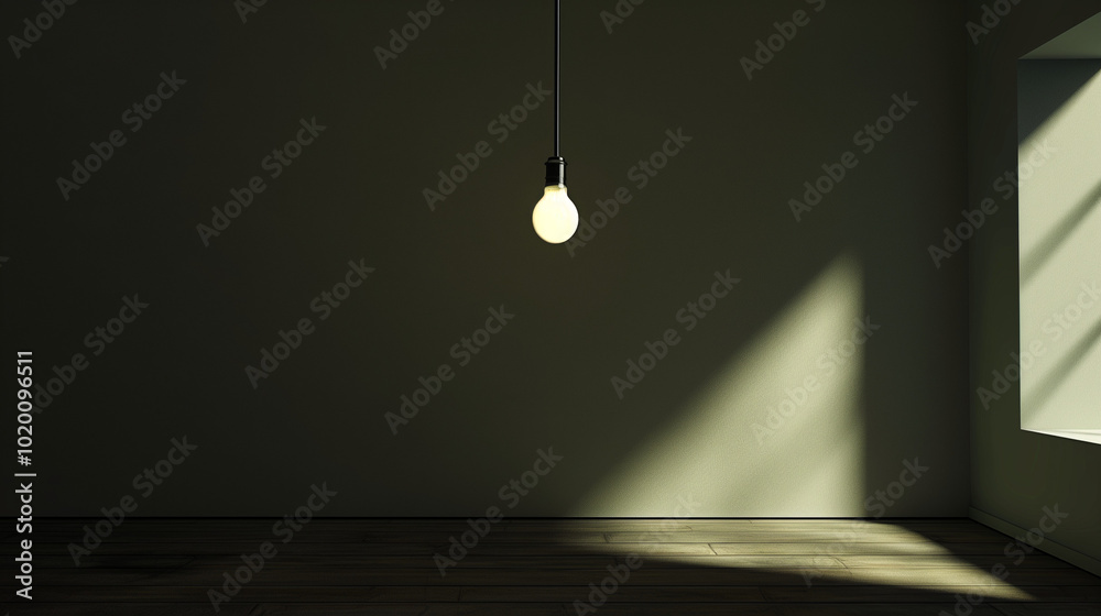 Dark empty room with single flickering light bulb casting long shadows, emphasizing absence of power and eerie atmosphere, minimalist setting with focus on light bulb's glow. Dark empty room with single flickering light bulb casting long shadows, emphasizing absence of power and eerie atmosphere, minimalist setting with focus on light bulb's glow.