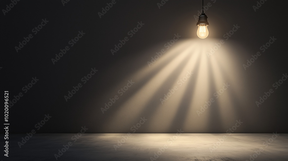 Dark empty room with single flickering light bulb casting long shadows, emphasizing absence of power and eerie atmosphere, minimalist setting with focus on light bulb's glow. Dark empty room with single flickering light bulb casting long shadows, emphasizing absence of power and eerie atmosphere, minimalist setting with focus on light bulb's glow.