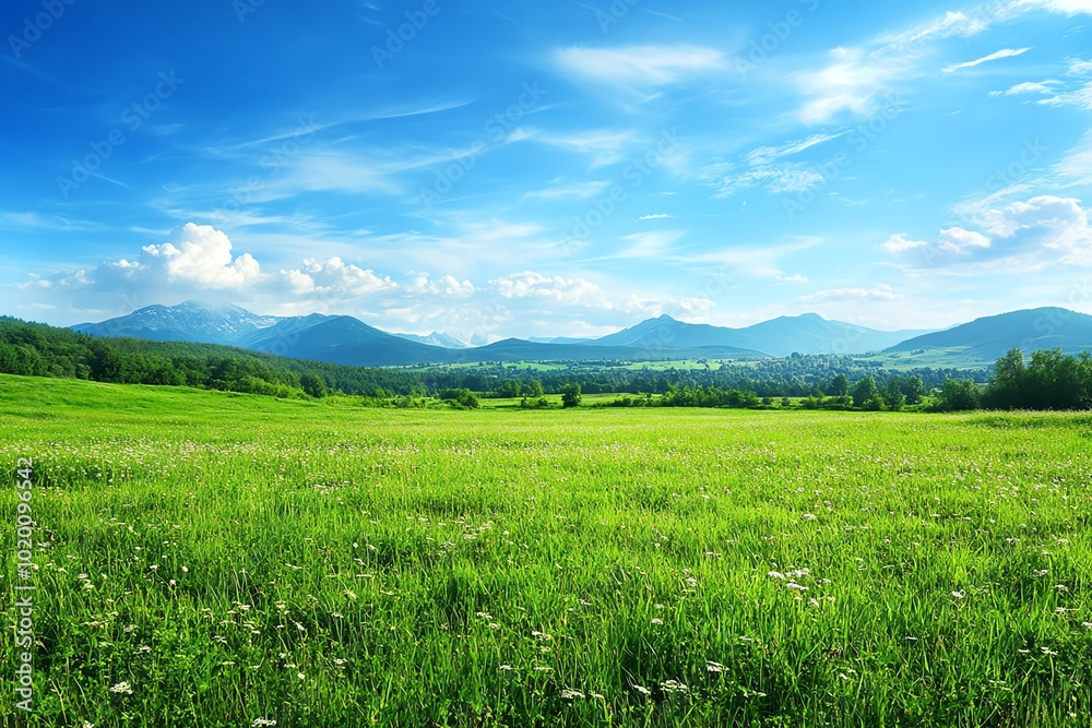 A serene depiction of a lush green meadow with a clear blue sky and distant mountains in the background A serene depiction of a lush green meadow with a clear blue sky and distant mountains in the background