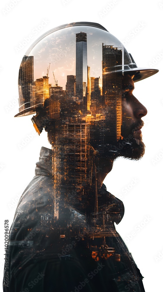 Double exposure of an engineer wearing a helmet and a cityscape, symbolizing the future in the construction industry Double exposure of an engineer wearing a helmet and a cityscape, symbolizing the future in the construction industry
