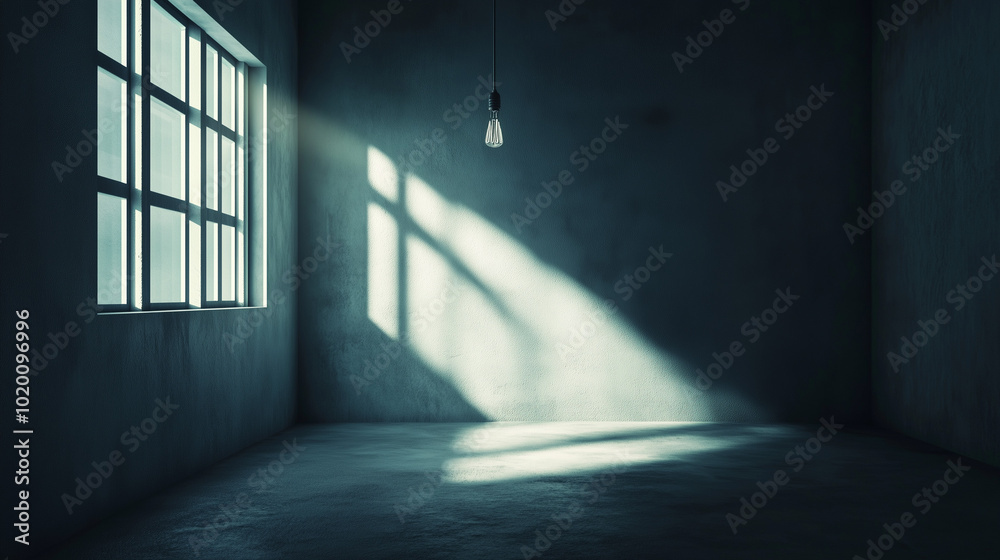 A Dark, Empty Room Featuring a Single Flickering Light Bulb Hanging from the Ceiling, Casting Long Shadows on the Walls, Emphasizing the Absence of Power and Furniture, Captured with Shallow Depth of A Dark, Empty Room Featuring a Single Flickering Light Bulb Hanging from the Ceiling, Casting Long Shadows on the Walls, Emphasizing the Absence of Power and Furniture, Captured with Shallow Depth of